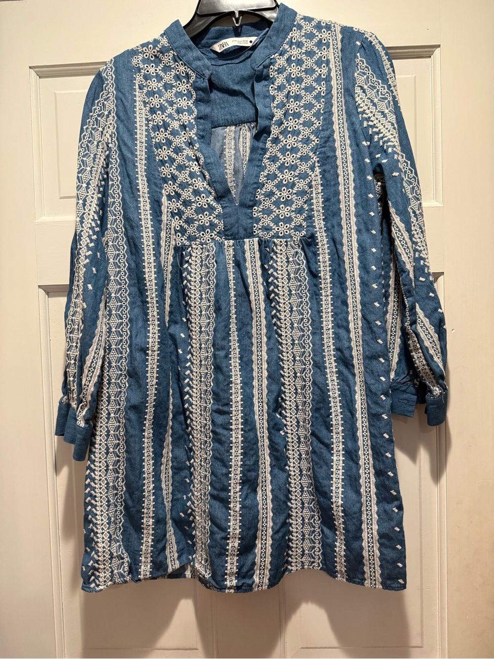 Zara Blue Tunic Dress with White Embroidered Stripes